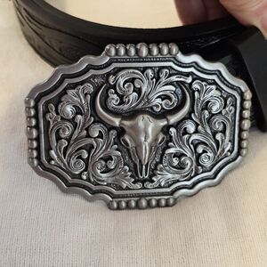 NWOT Longhorn Silver Tone Belt Buckle Mens 42 Black Faux Leather Cowboy Western